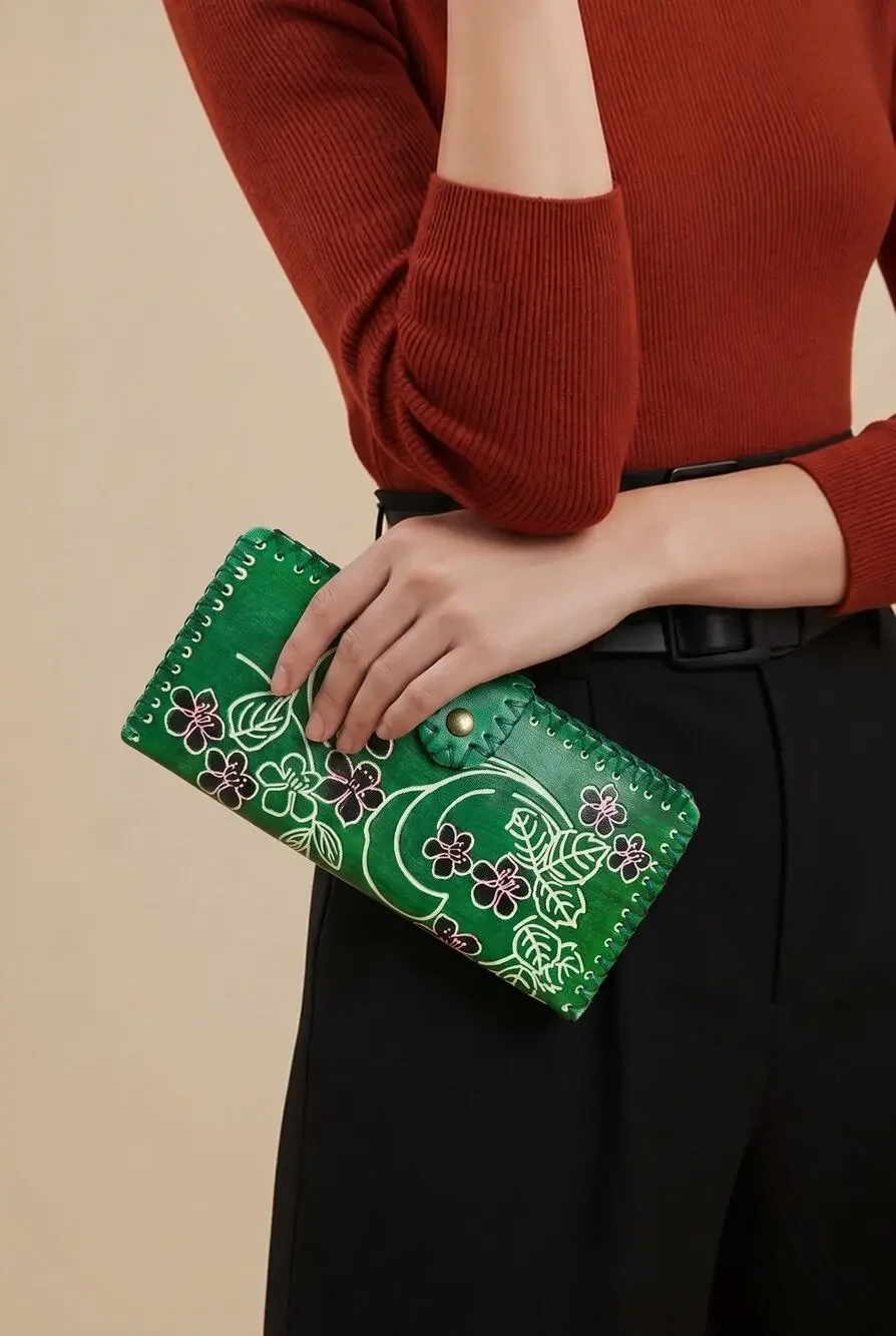Vintage Boho-Chic & Western Tooled Aesthetic Floral Green Wallet